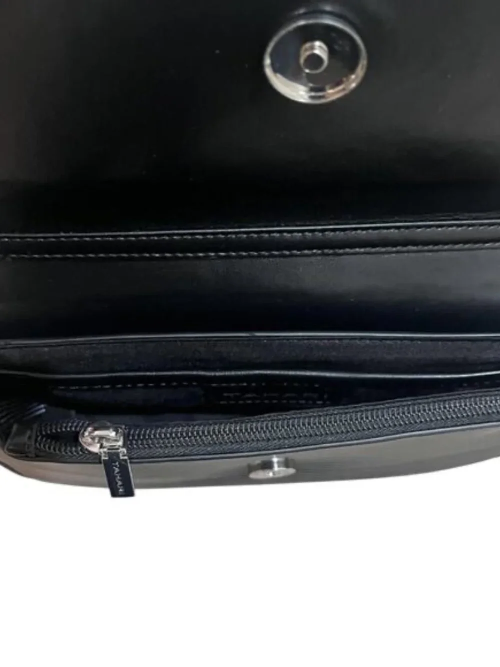 Tahari Essex St Sling Bag Small Black Emboss Stripe Faux Leather Belt